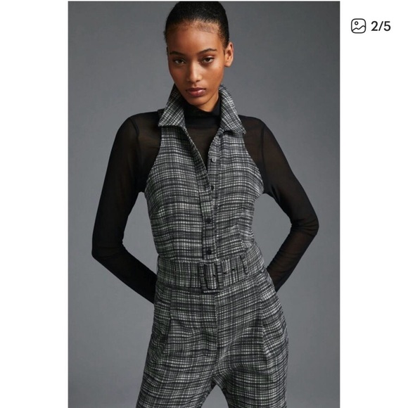 Anthropologie Gray Plaid Sleeveless Belted Jumpsuit - Picture 3 of 5